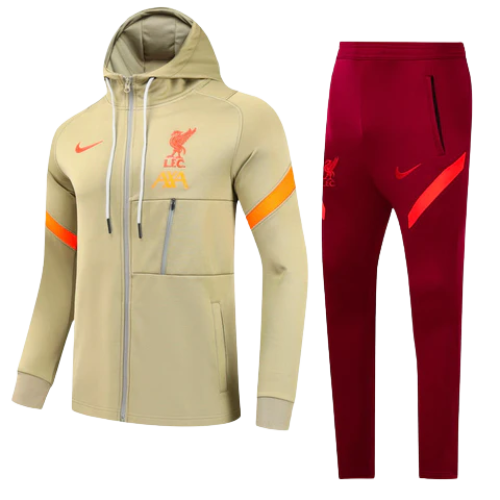 CONJUNTO TREINO LIVERPOOL JAQUETACOM CAPUZ+CALÇA - DOURADO/LARANJA 2021/22