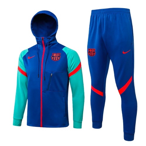 CONJUNTO TREINO COM CAPUZ BARCELONA JAQUETA+CALÇA - AZUL/VERDE CLARO 2021/22