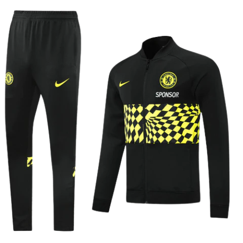 CONJUNTO TREINO CHELSEA JAQUETA+CALÇA - PRETO/AMARELO XADREZ 2021/22