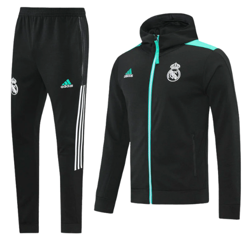 CONJUNTO TREINO COM CAPUZ REAL MADRID JAQUETA+CALÇA - PRETO 2023/24