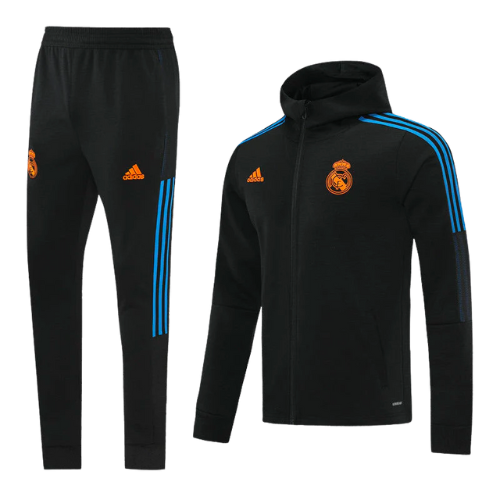CONJUNTO TREINO COM CAPUZ REAL MADRID JAQUETA+CALÇA - PRETO/LARANJA 2022/23
