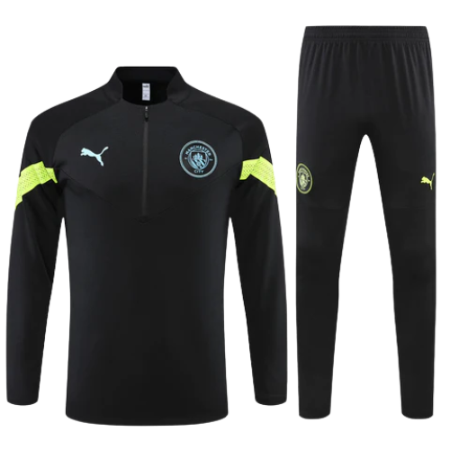CONJUNTO TREINO MANCHESTER CITY JAQUETA+CALÇA - PRETO/VERDE LIMÃO 2021/22