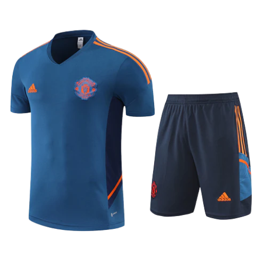 CONJUNTO TREINO MANCHESTER UNITED CAMISA+SHORT - AZUL/LARANJA 2021/22