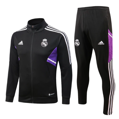 CONJUNTO TREINO COM ZIP REAL MADRID JAQUETA+CALÇA - PRETO/ROXO 2022/23