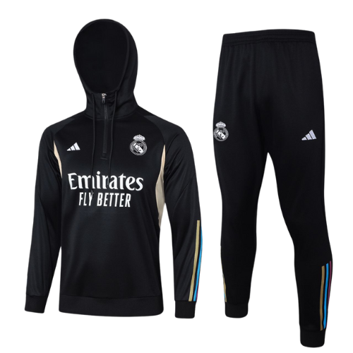 CONJUNTO INFANTIL TREINO COM CAPUZ REAL MADRID JAQUETA+CALÇA - PRETO 2022/23