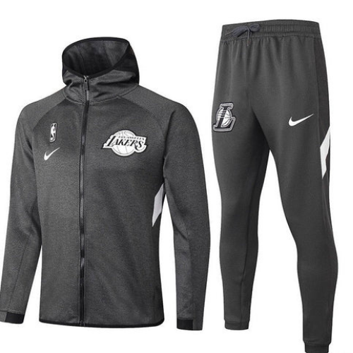 KIT JAQUETA COM CAPUZ + CALÇA MOLETOM CINZA NBA LAKERS 2021/22