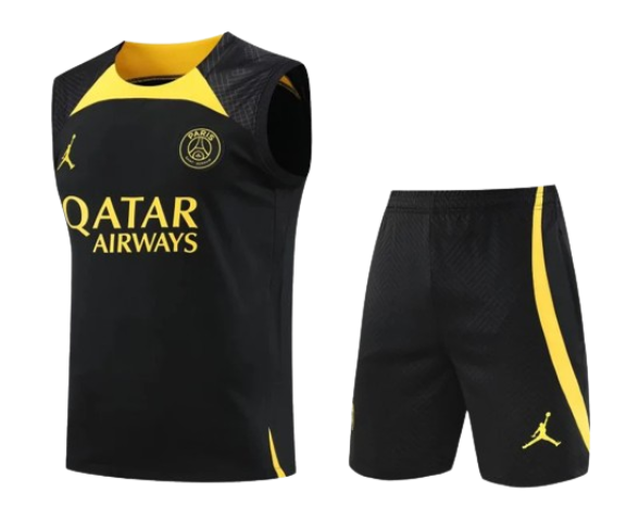 CONJUNTO TREINO PSG REGATA+SHORT - PRETO/AMARELO 2023/24