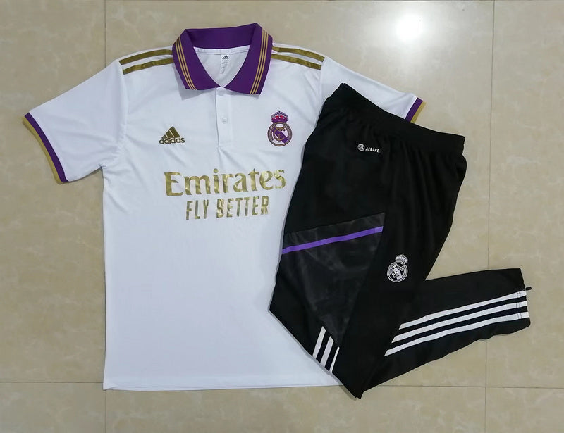 CONJUNTO TREINO REAL MADRID PÓLO+CALÇA - BRANCO 2022/23