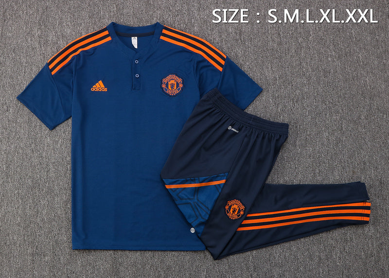 CONJUNTO TREINO MANCHESTER UNITED PÓLO+CALÇA - AZUL/LARANJA 2022/23