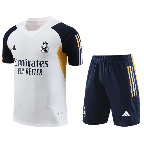CONJUNTO TREINO REAL MADRID CAMISA+SHORT- BRANCO/OURO 2023/24