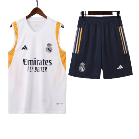 CONJUNTO TREINO REAL MADRID REGATA+SHORT - BRANCO/OURO 2022/23