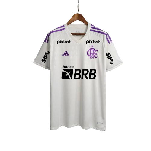 CAMISA FLAMENGO GOLEIRO BRANCO/ROXO 2023/24 COM PATROCÍNIOS